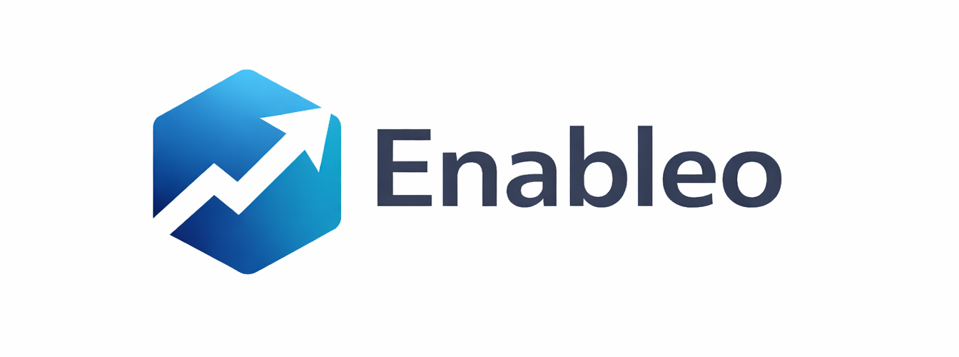Enableo logo with a blue gradient hexagon containing an upward white arrow, with the word "Enableo".